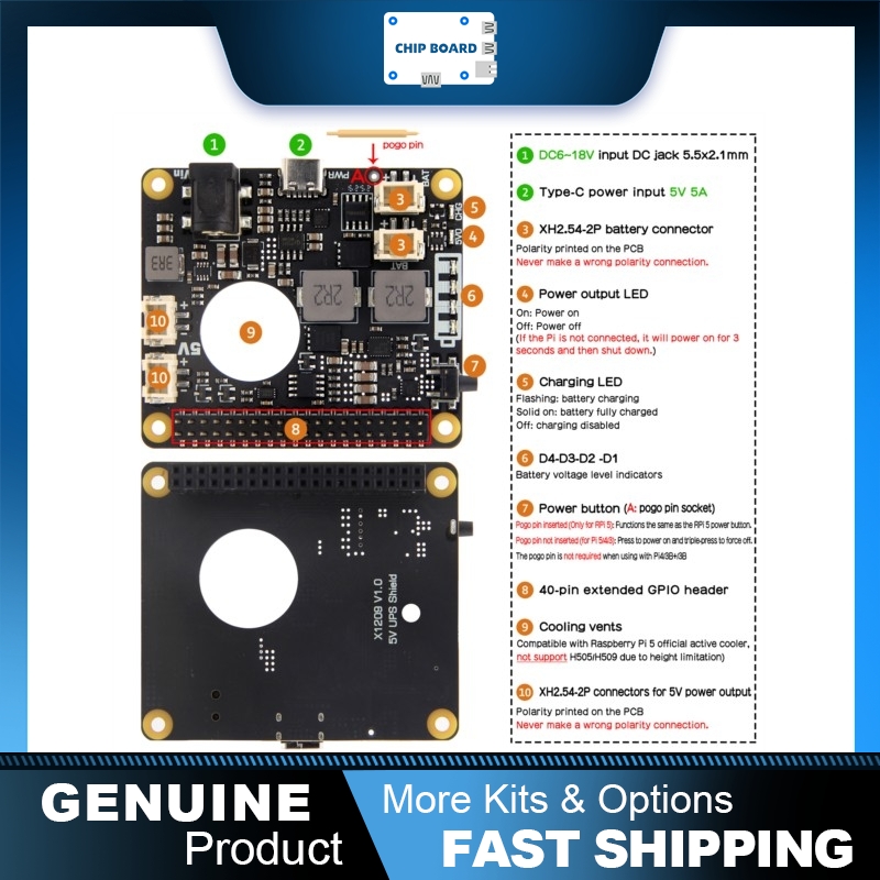 Raspberry Pi 5 - Geekworm X1209 V1.0 Power Management Shield,